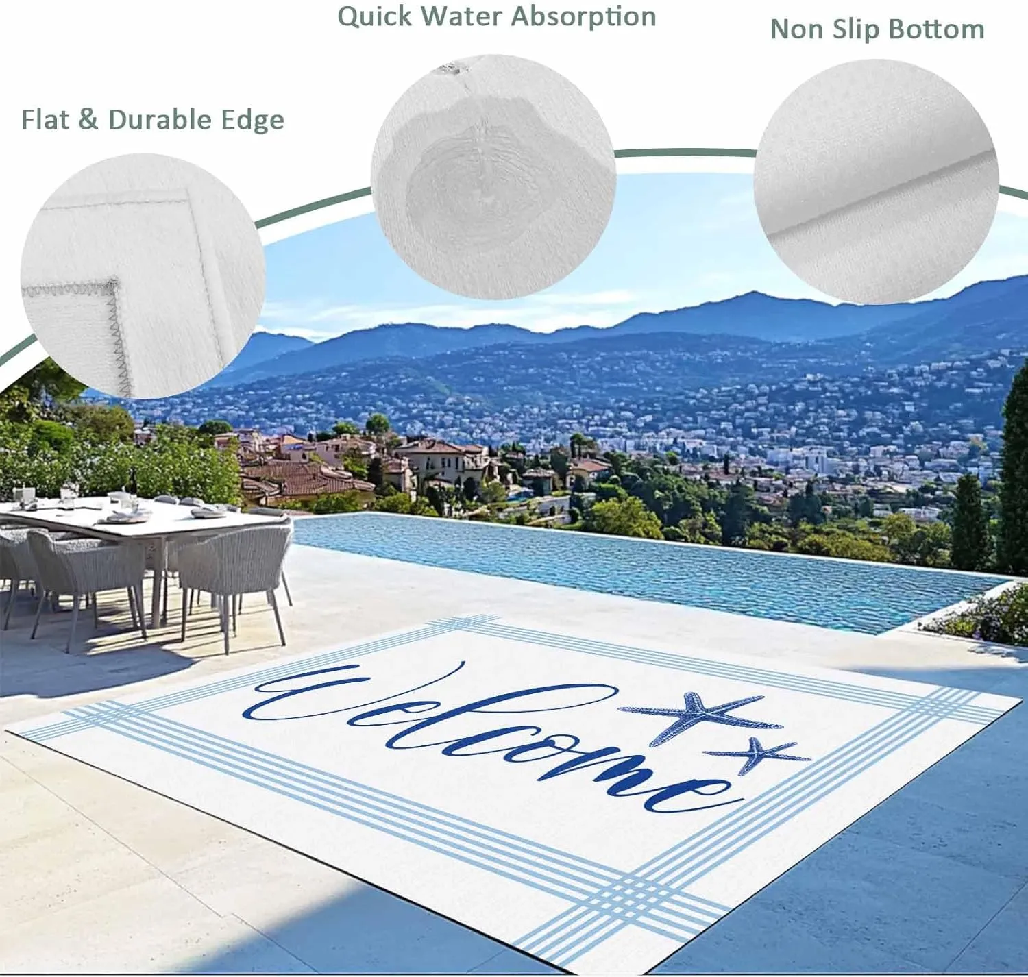 Ocean Blue Starfish Outdoor Rug 4x6ft Large Patio Rug, Washable RV Camping Outside Area Runner Rug Mat, Coastal Stripes Summer Ocean Indoor Outdoor Carpet for Picnic Backyard Deck Porch Balcony Beach