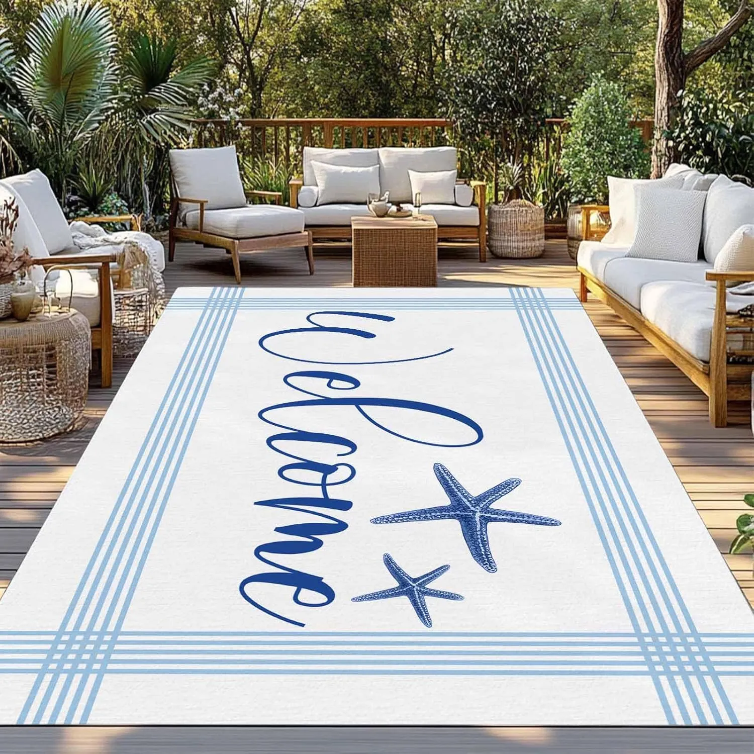 Ocean Blue Starfish Outdoor Rug 4x6ft Large Patio Rug, Washable RV Camping Outside Area Runner Rug Mat, Coastal Stripes Summer Ocean Indoor Outdoor Carpet for Picnic Backyard Deck Porch Balcony Beach