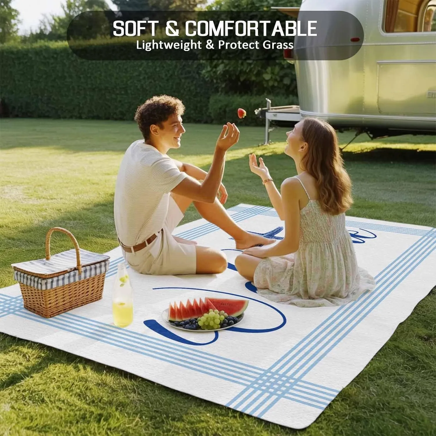 Ocean Blue Starfish Outdoor Rug 4x6ft Large Patio Rug, Washable RV Camping Outside Area Runner Rug Mat, Coastal Stripes Summer Ocean Indoor Outdoor Carpet for Picnic Backyard Deck Porch Balcony Beach