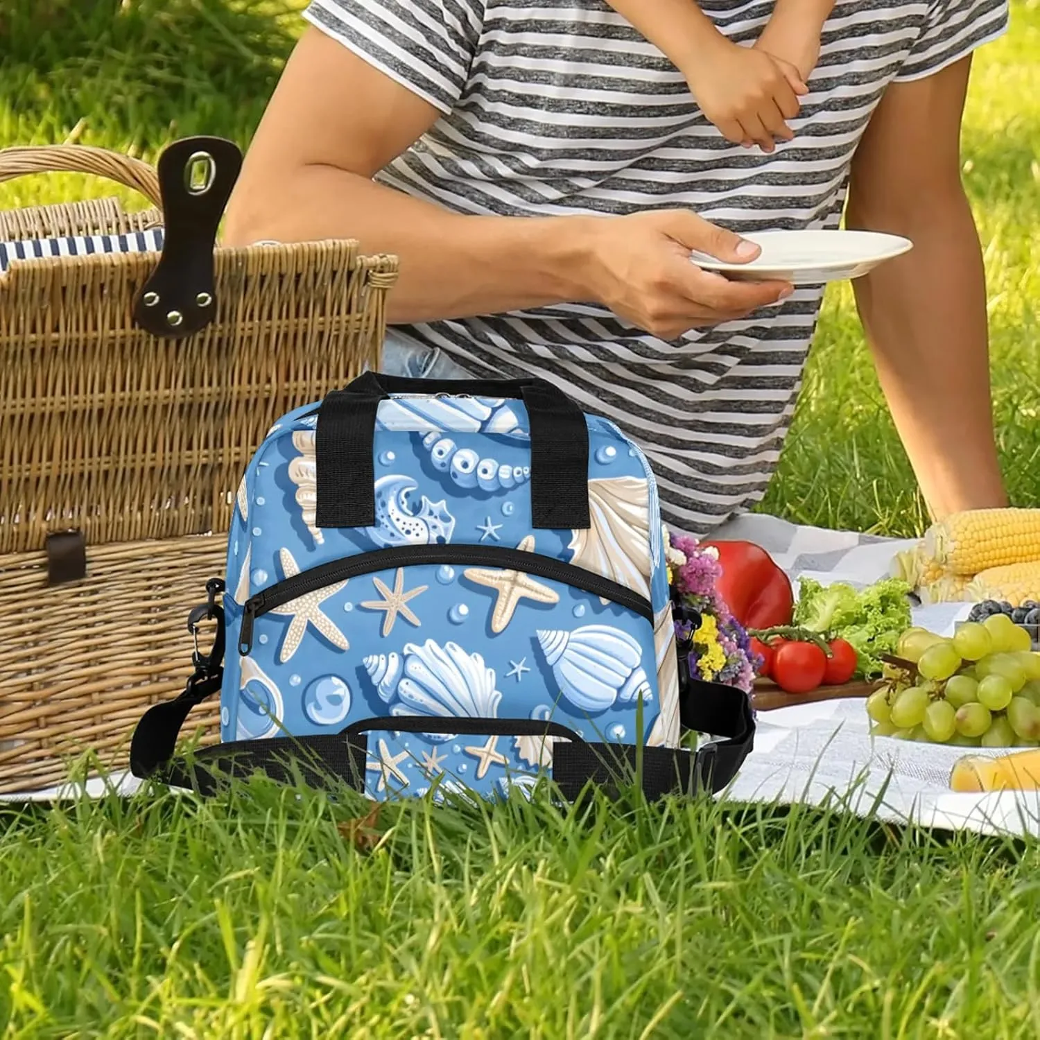 Ocean Shellfish Summer Lunch Box Conch Ocean Insulated Lunch Bag Reusable Leak-Proof Cooler Bag,Waterproof,With Adjustable Shoulder Strap，for Women Men
