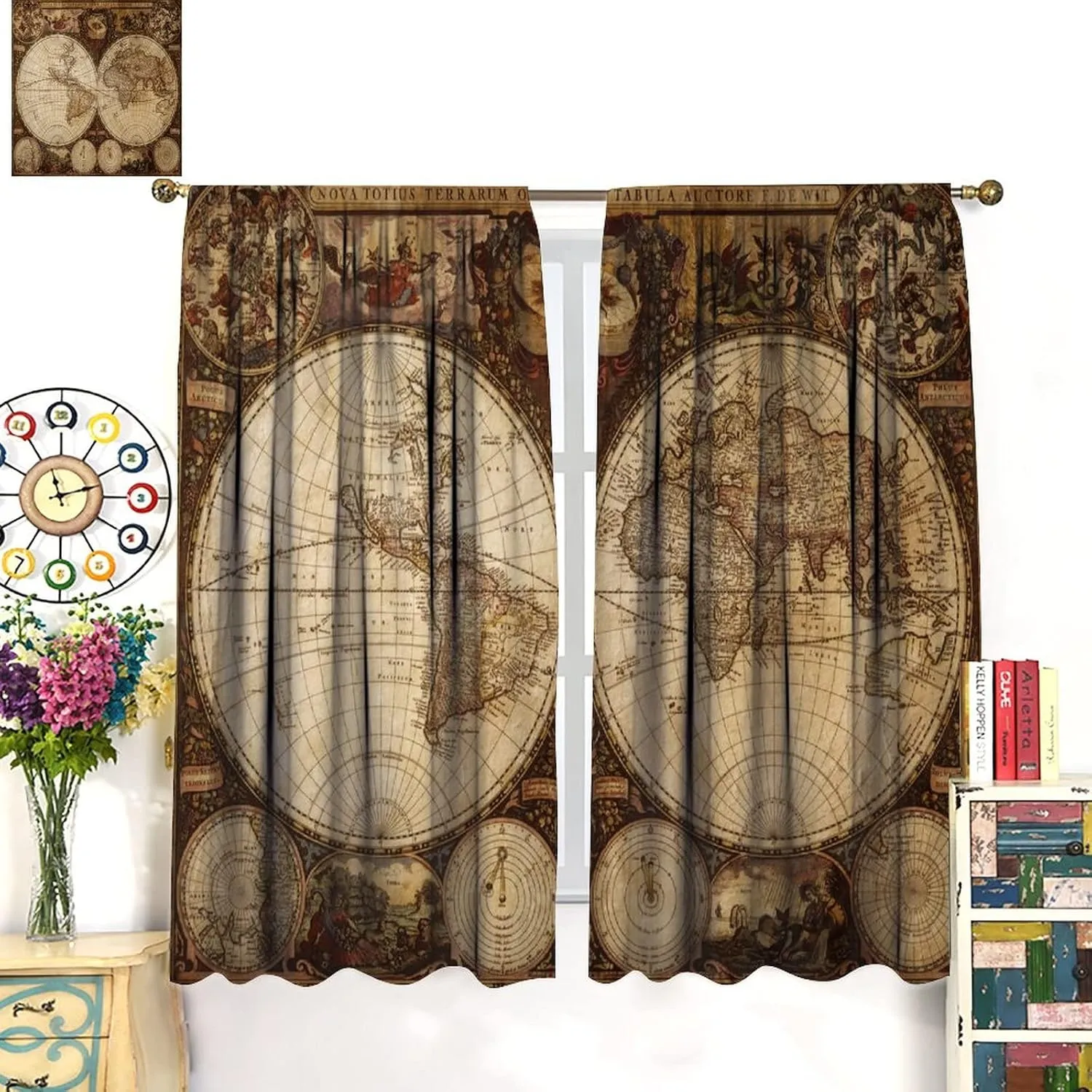 Old World Map Curtains, Vintage Map Nostalgia Style Art Themed Blackout Window Curtains, Bedroom Living Room Rod Pocket Design, 2 Sets of Panels, 42x54 in. Brown