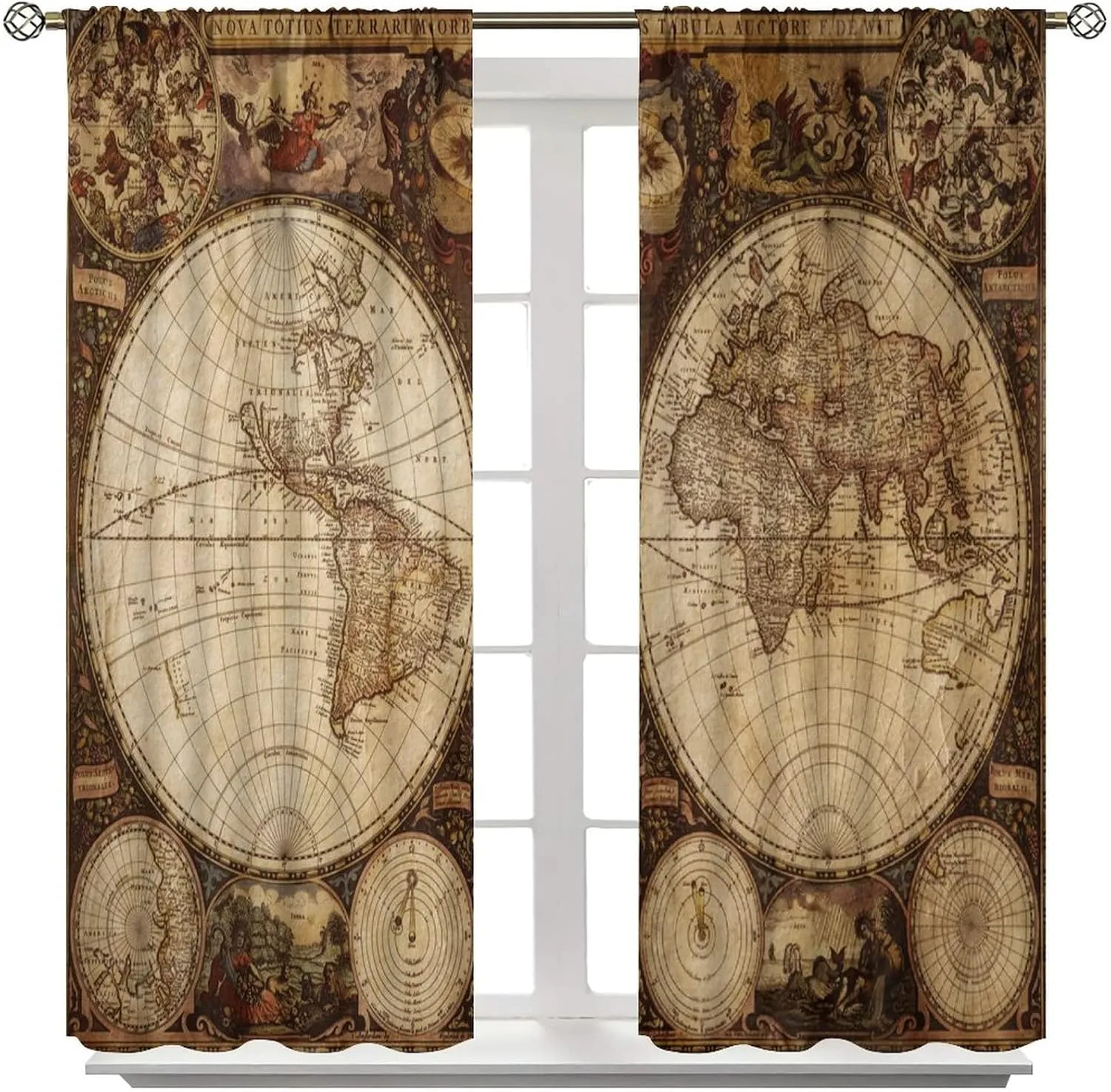 Old World Map Curtains, Vintage Map Nostalgia Style Art Themed Blackout Window Curtains, Bedroom Living Room Rod Pocket Design, 2 Sets of Panels, 42x54 in. Brown