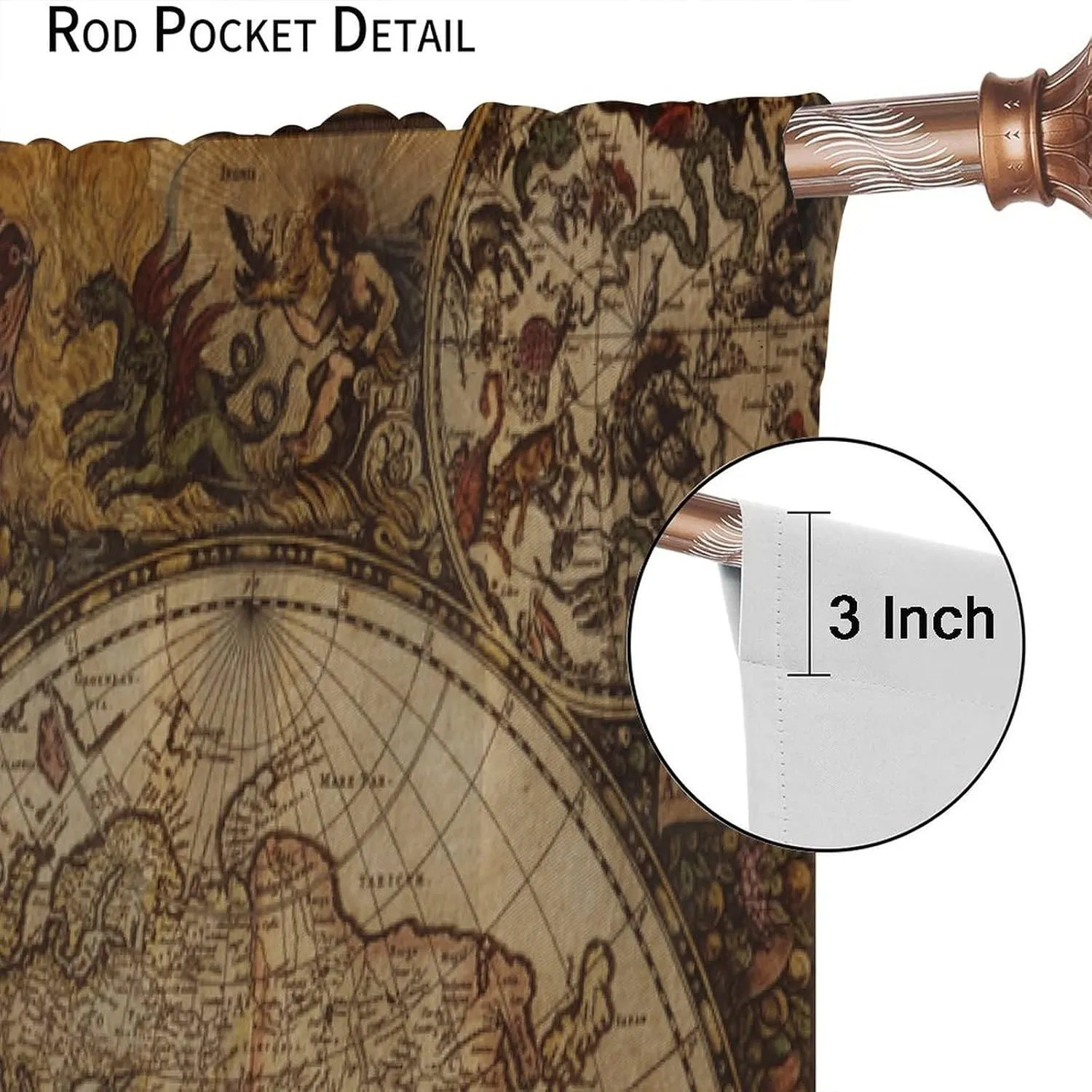 Old World Map Curtains, Vintage Map Nostalgia Style Art Themed Blackout Window Curtains, Bedroom Living Room Rod Pocket Design, 2 Sets of Panels, 42x54 in. Brown