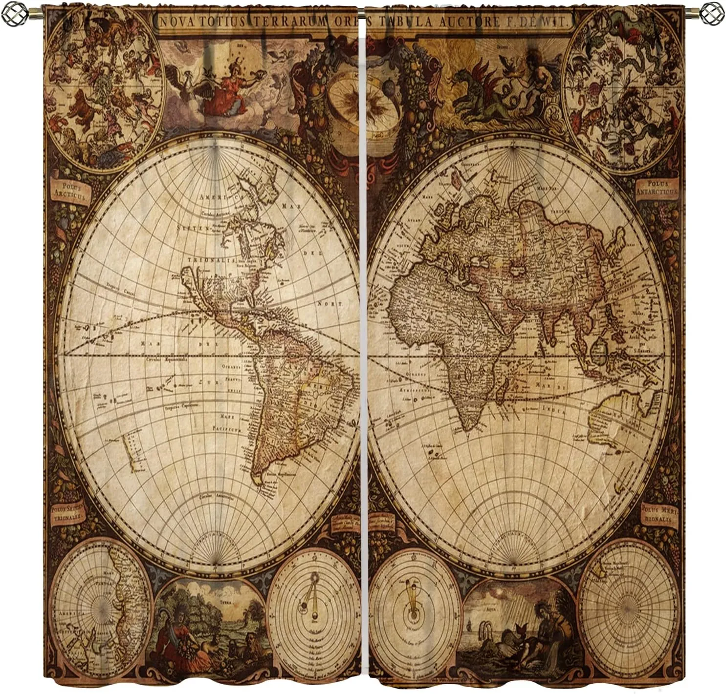 Old World Map Curtains, Vintage Map Nostalgia Style Art Themed Blackout Window Curtains, Bedroom Living Room Rod Pocket Design, 2 Sets of Panels, 42x54 in. Brown