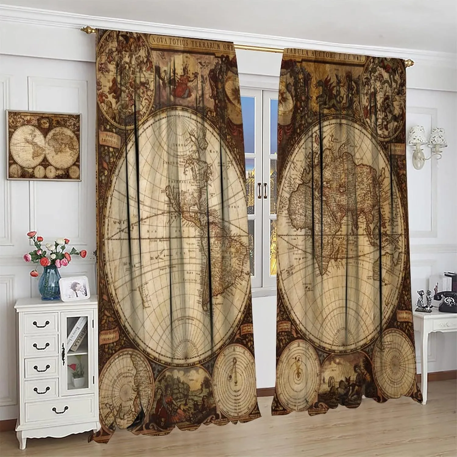 Old World Map Curtains, Vintage Map Nostalgia Style Art Themed Blackout Window Curtains, Bedroom Living Room Rod Pocket Design, 2 Sets of Panels, 42x54 in. Brown