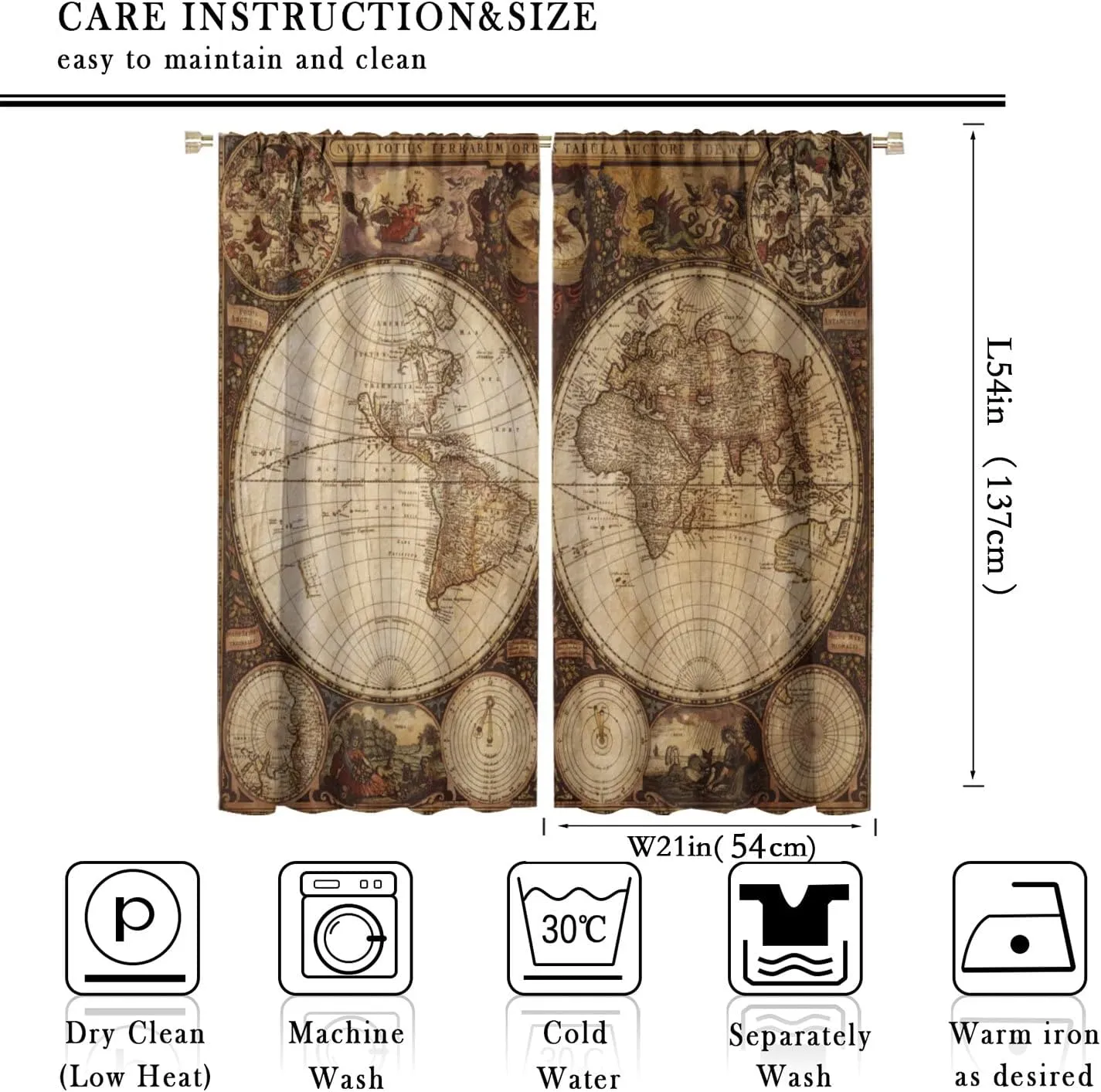 Old World Map Curtains, Vintage Map Nostalgia Style Art Themed Blackout Window Curtains, Bedroom Living Room Rod Pocket Design, 2 Sets of Panels, 42x54 in. Brown