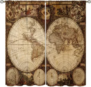 Old World Map Curtains, Vintage Map Nostalgia Style Art Themed Blackout Window Curtains, Bedroom Living Room Rod Pocket Design, 2 Sets of Panels, 42x54 in. Brown