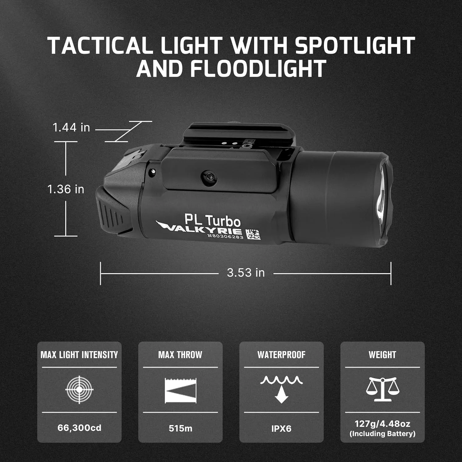 OLIGHT PL Turbo Weaponlight, 800-Lumen 515 Meters Long-Range Tactical Flashlight, 66,300 High Candela Rail-Mounted Light with Strobe Function and Rail Locating Keys, Fits Picatinny and GL Rail