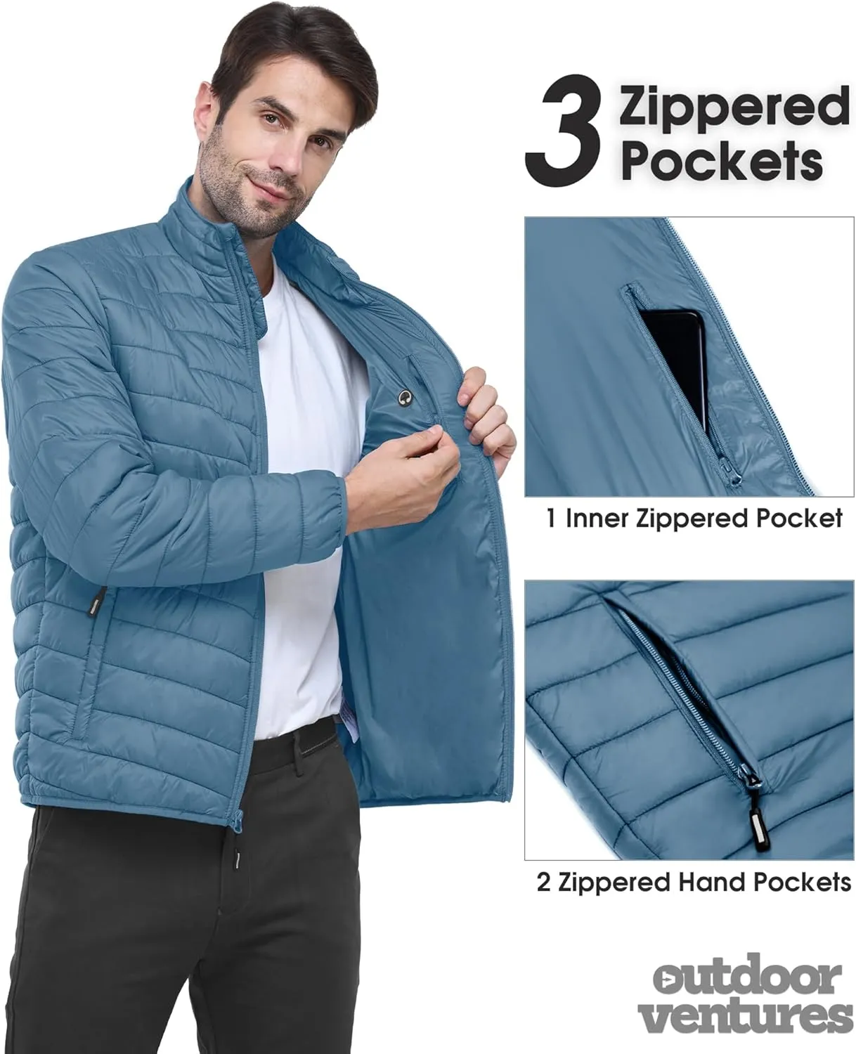 Outdoor Ventures Men's Lightweight Packable Puffer Winter Jacket Insulated Puffy Coat for Snow Ski Hiking Travel