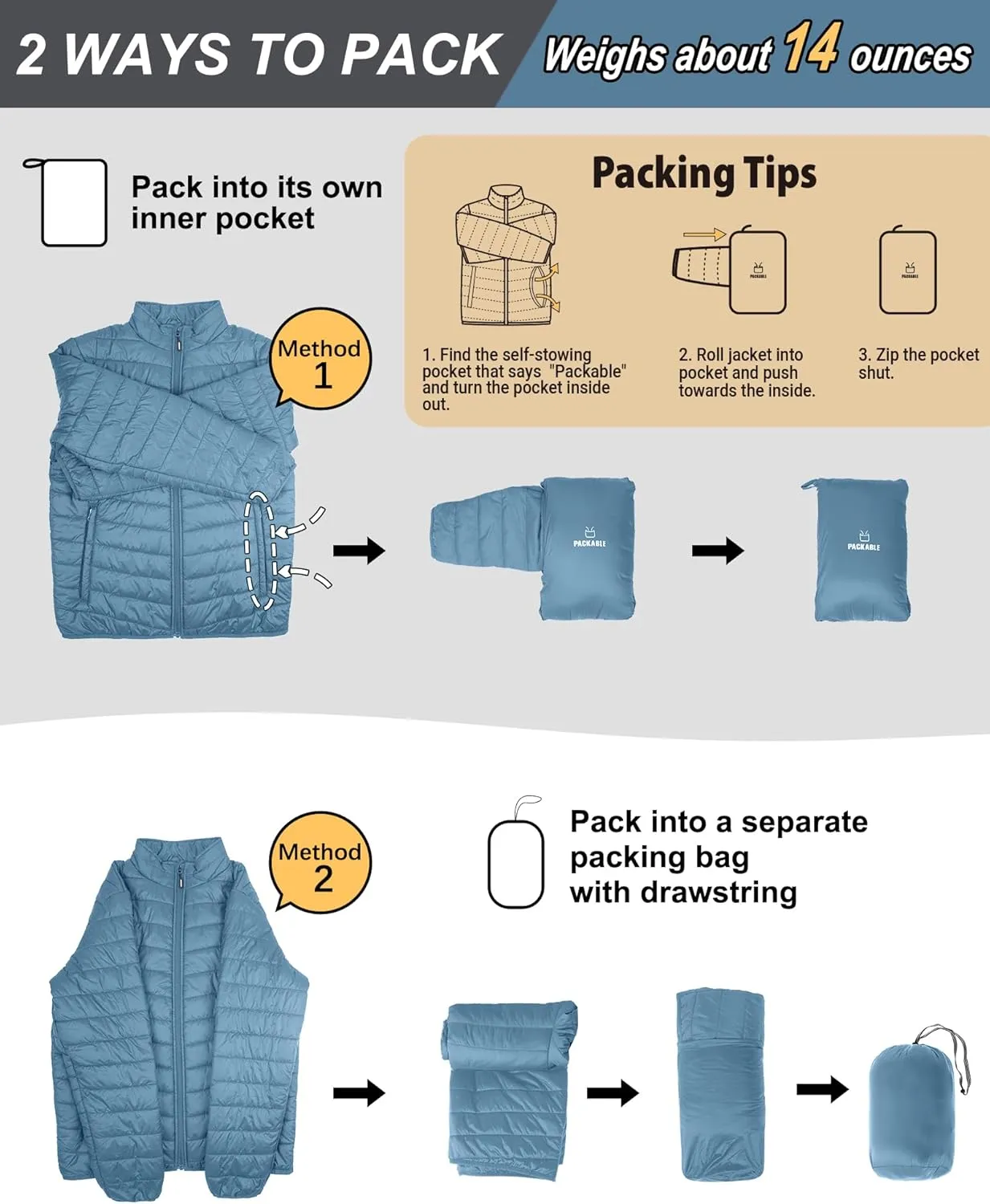 Outdoor Ventures Men's Lightweight Packable Puffer Winter Jacket Insulated Puffy Coat for Snow Ski Hiking Travel