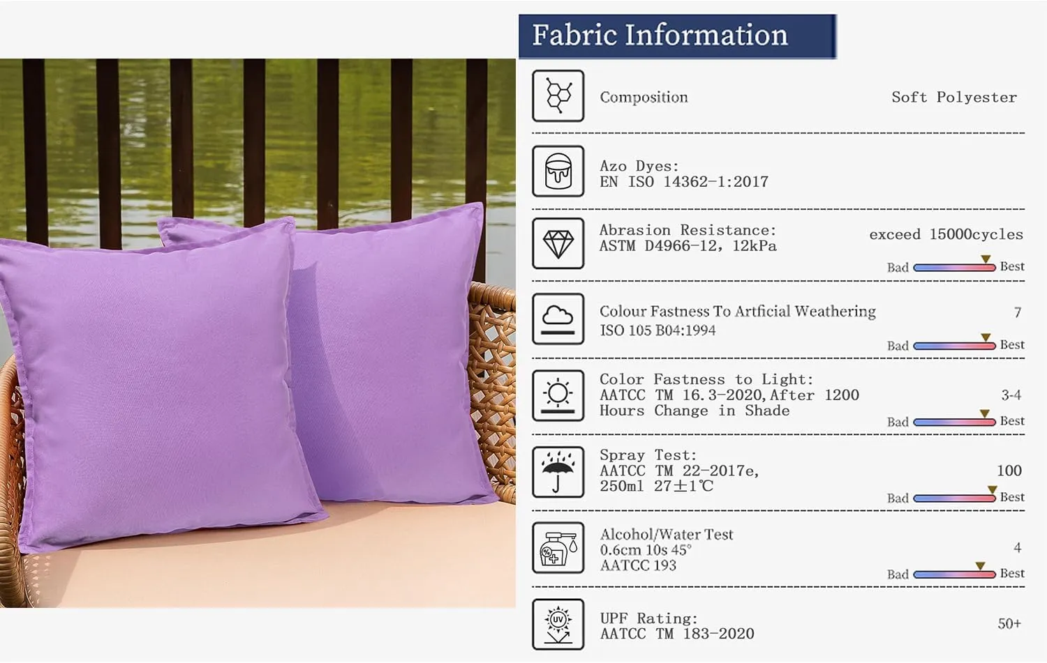 Outdoor Waterproof Pillow Covers 18x18 Set of 2 Sunbrella Decorative Square Solid Couch Pillow Covers with Wide Edge for Patio Tent Sofa Bed Living Room, Purple