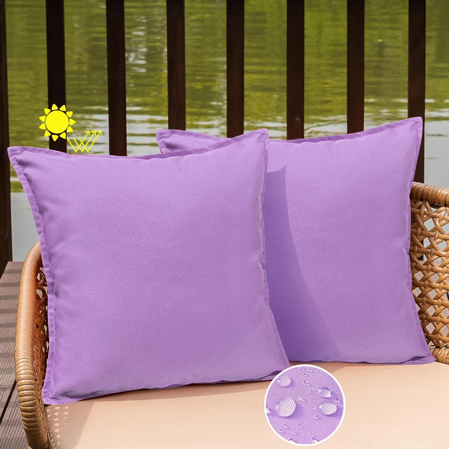 Outdoor Waterproof Pillow Covers 18x18 Set of 2 Sunbrella Decorative Square Solid Couch Pillow Covers with Wide Edge for Patio Tent Sofa Bed Living Room, Purple