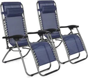 Outdoor Zero Gravity Lounge Chair, Set of 2 Adjustable Chaise Lounge Chairs, Foldable Recliners with Removable Pillow for Backyard, Beach, Lawn and Poolside, Blue