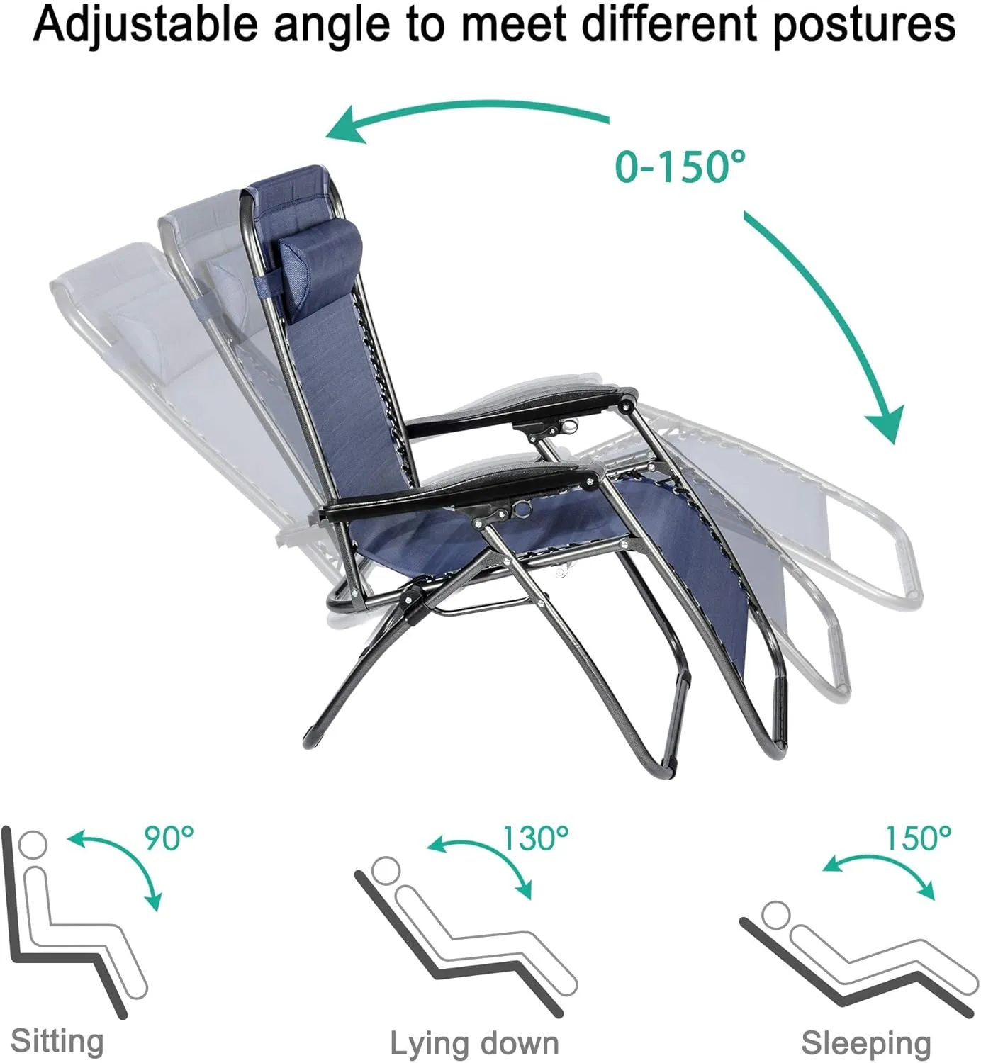 Outdoor Zero Gravity Lounge Chair, Set of 2 Adjustable Chaise Lounge Chairs, Foldable Recliners with Removable Pillow for Backyard, Beach, Lawn and Poolside, Blue