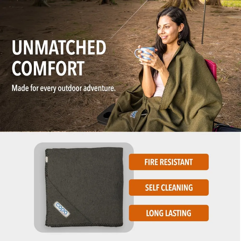 Outdoors Extra Large Wool Camping Blanket w Carry Strap 90"x66", Thick Outdoor Throw w Cell Phone Pocket for Cold Weather, 4.5 lbs (Olive Green)