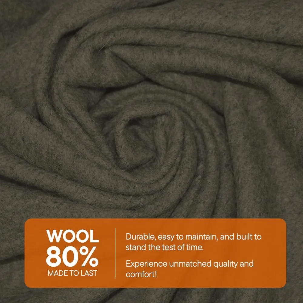 Outdoors Extra Large Wool Camping Blanket w Carry Strap 90"x66", Thick Outdoor Throw w Cell Phone Pocket for Cold Weather, 4.5 lbs (Olive Green)