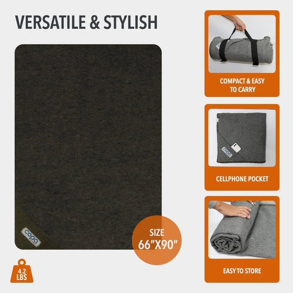 Outdoors Extra Large Wool Camping Blanket w Carry Strap 90"x66", Thick Outdoor Throw w Cell Phone Pocket for Cold Weather, 4.5 lbs (Olive Green)