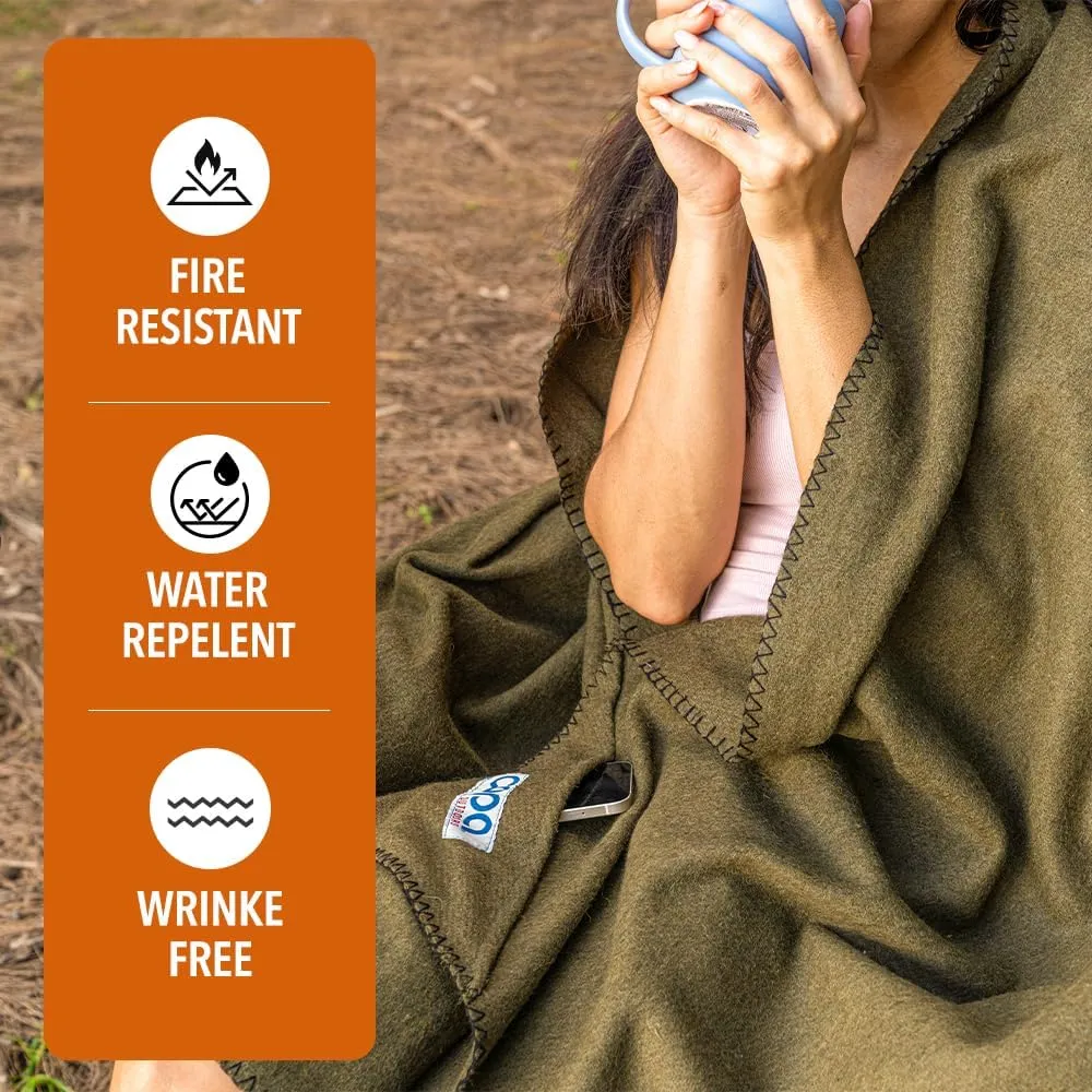 Outdoors Extra Large Wool Camping Blanket w Carry Strap 90"x66", Thick Outdoor Throw w Cell Phone Pocket for Cold Weather, 4.5 lbs (Olive Green)