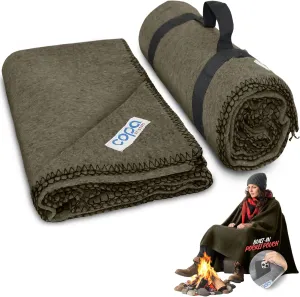Outdoors Extra Large Wool Camping Blanket w Carry Strap 90"x66", Thick Outdoor Throw w Cell Phone Pocket for Cold Weather, 4.5 lbs (Olive Green)