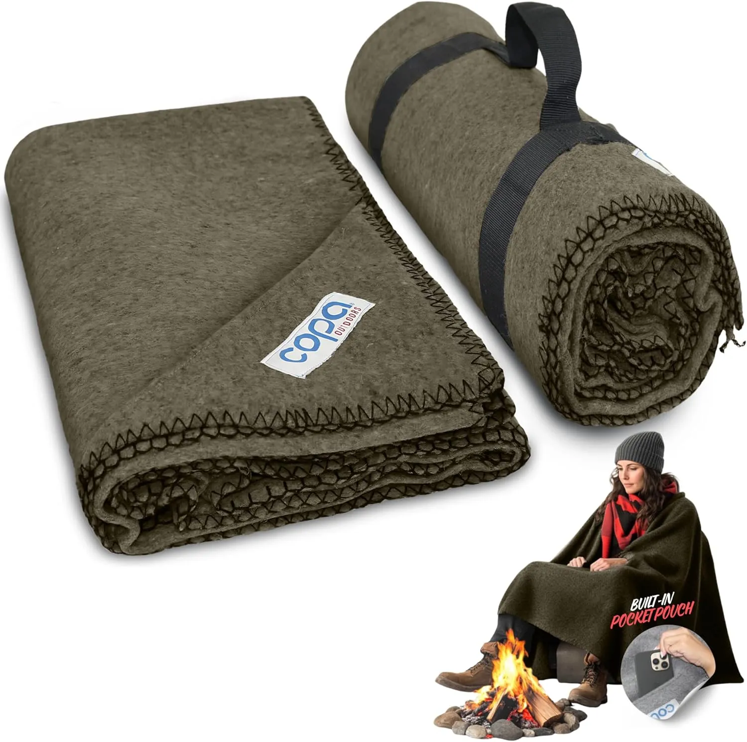 Outdoors Extra Large Wool Camping Blanket w Carry Strap 90"x66", Thick Outdoor Throw w Cell Phone Pocket for Cold Weather, 4.5 lbs (Olive Green)