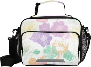 Outline Cherry Blossom Pastel Lunch Bag for Kids Insulated Lunch Tote Bags with Detachable Shoulder Strap Lunch Box for Boys Girls School