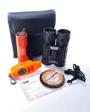 Outside Inside Explorer's Essentials Kit for Outdoor Adventures, Includes Binoculars, Compass, Flashlight and Whistle, Protective Carrying Pouch