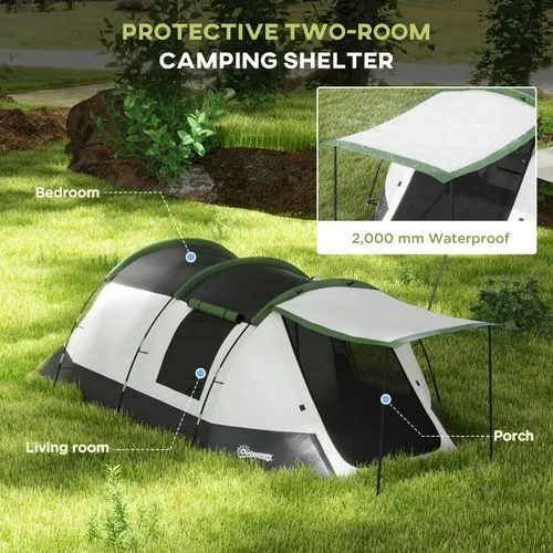 Outsunny 3–4 Person Tunnel Tent | Waterproof Camping Tent with Bedroom, Living Area & Porch – 2000mm