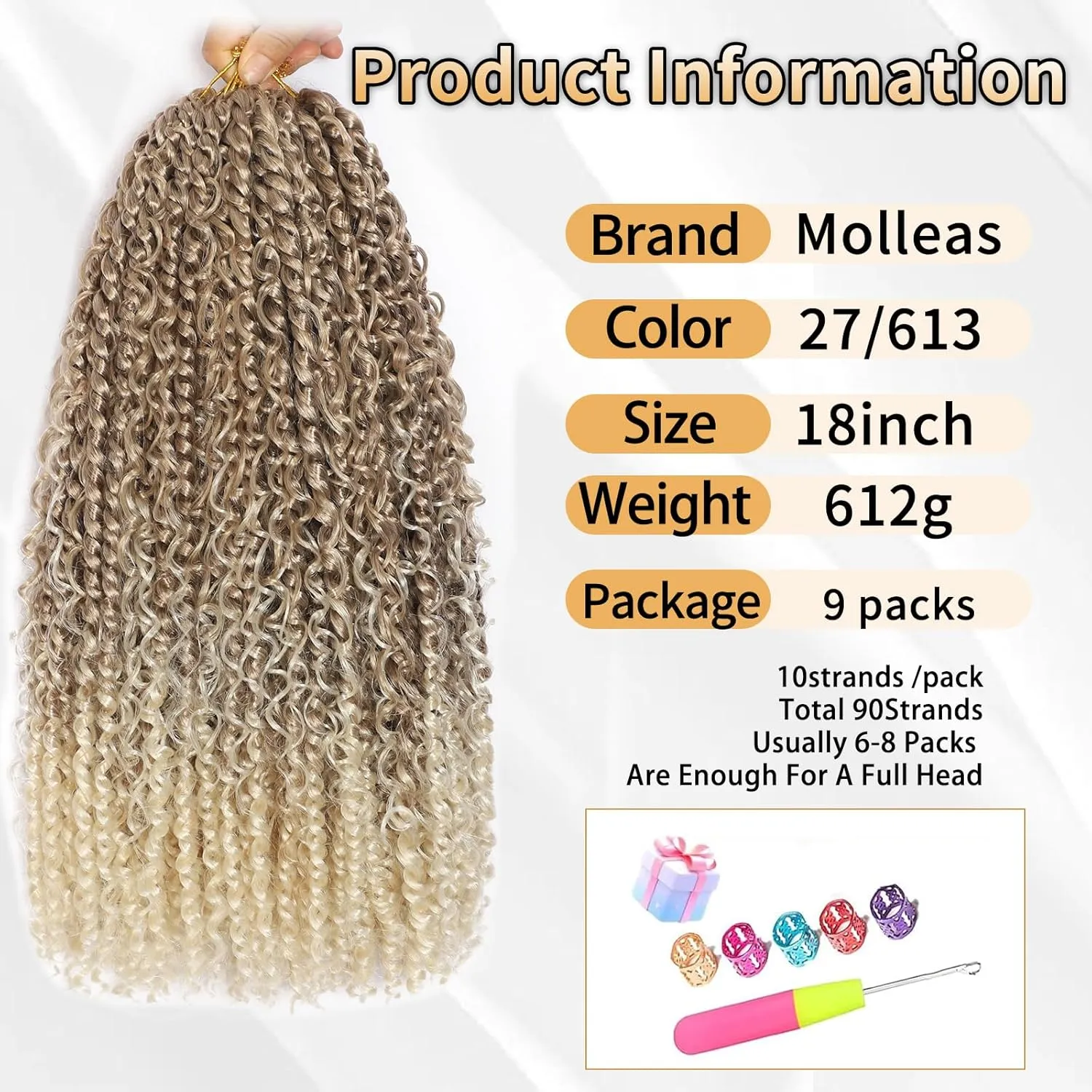 Passion Twist Hair 18inch,9pack Boho Passion Twist Crochet Hair,Pre Looped With Curly Ends for Bohemian Water Wave Braiding Hair,Crochet Hair for Black Women(18inch(pack of 9),27/613)