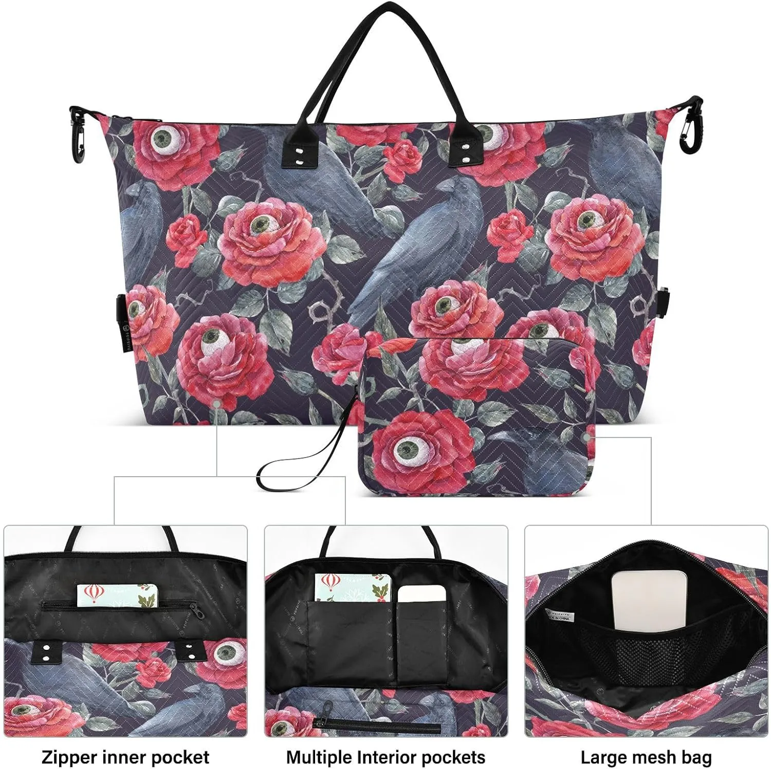 Personal Item Travel Bag Red Roses with Eyeballs and Black Crows Travel Overnight Carry on Bag with Toiletry Bag Workout Bag for Trekking Trip Foldable
