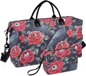 Personal Item Travel Bag Red Roses with Eyeballs and Black Crows Travel Overnight Carry on Bag with Toiletry Bag Workout Bag for Trekking Trip Foldable
