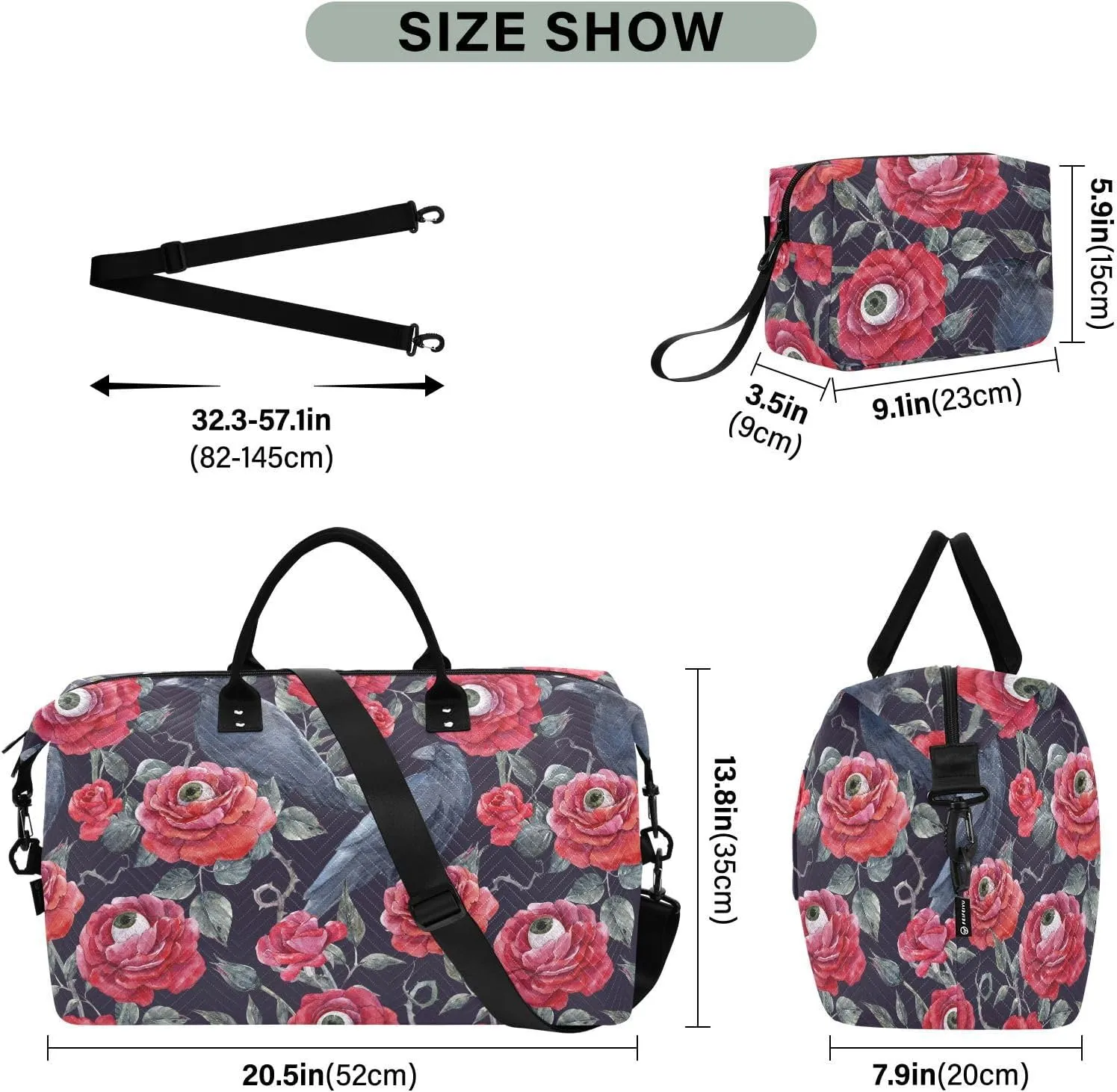 Personal Item Travel Bag Red Roses with Eyeballs and Black Crows Travel Overnight Carry on Bag with Toiletry Bag Workout Bag for Trekking Trip Foldable