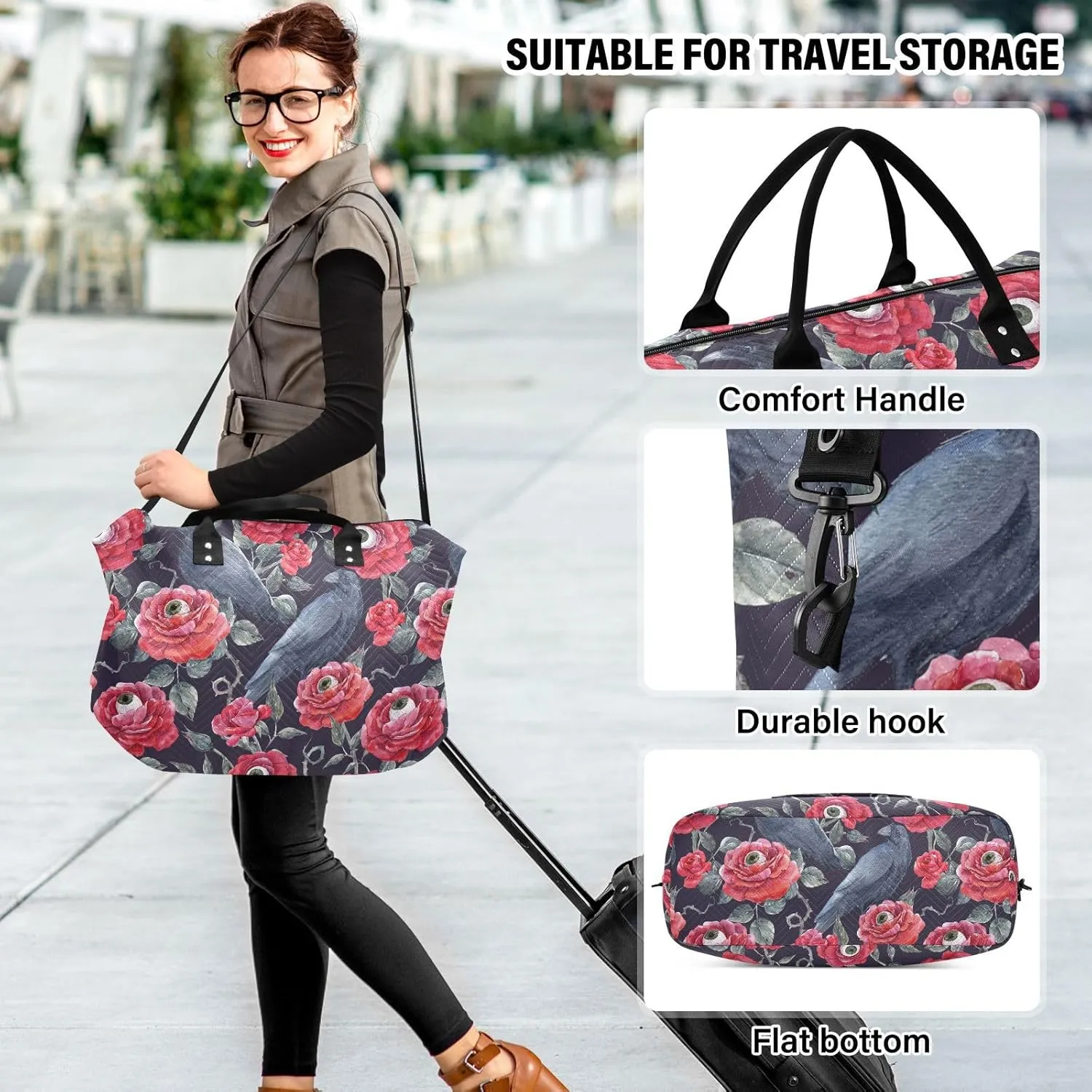 Personal Item Travel Bag Red Roses with Eyeballs and Black Crows Travel Overnight Carry on Bag with Toiletry Bag Workout Bag for Trekking Trip Foldable