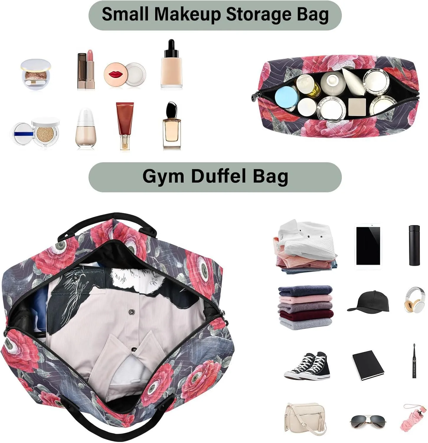 Personal Item Travel Bag Red Roses with Eyeballs and Black Crows Travel Overnight Carry on Bag with Toiletry Bag Workout Bag for Trekking Trip Foldable