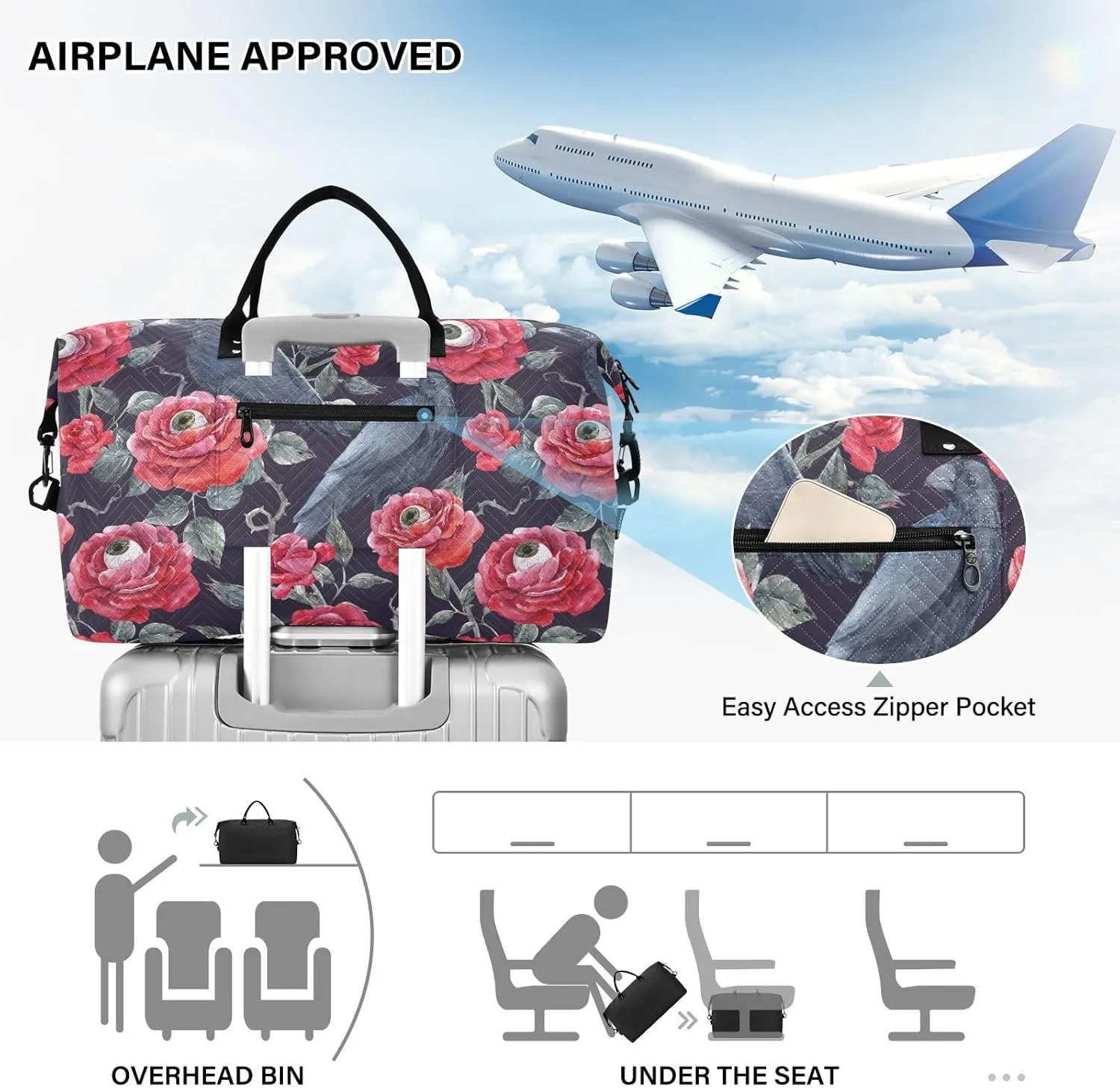 Personal Item Travel Bag Red Roses with Eyeballs and Black Crows Travel Overnight Carry on Bag with Toiletry Bag Workout Bag for Trekking Trip Foldable