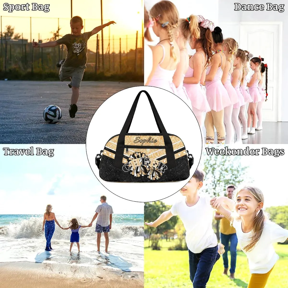 Personalized Cheer Bag for Girls, Custom Name Cheerleader Bag, SportS Gym Duffle for Women Gold
