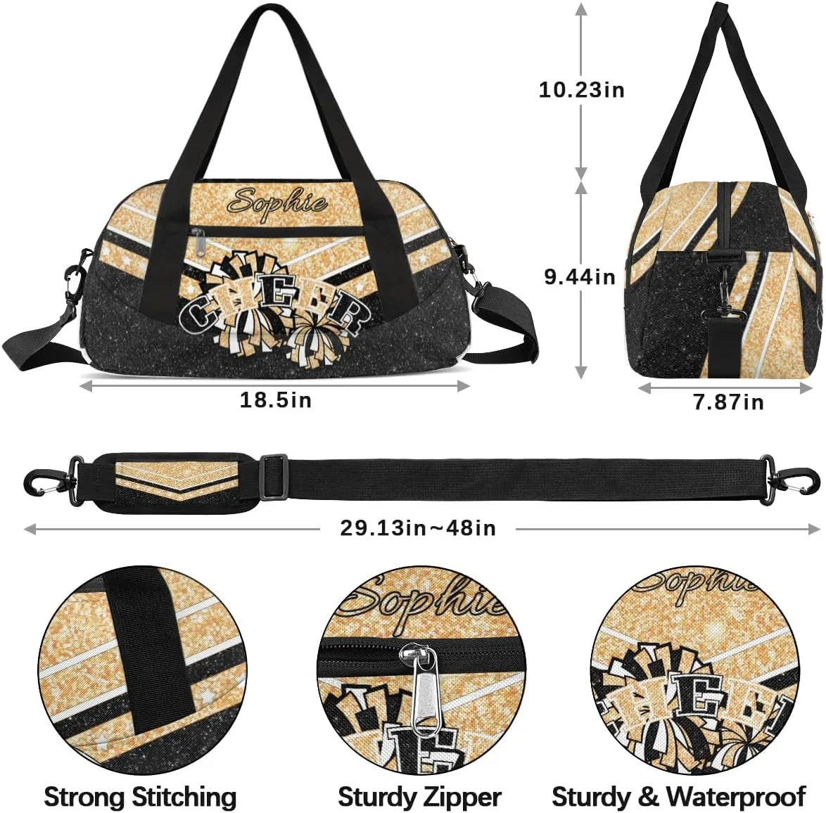 Personalized Cheer Bag for Girls, Custom Name Cheerleader Bag, SportS Gym Duffle for Women Gold