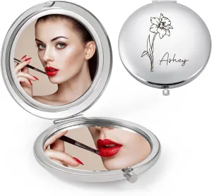 Personalized Compact Mirror for Women - Pocket Mirror for Women,Custom Birthflower Travel Makeup Mirror for Wife, Mom, Bridesmaid Gifts for Daughter Friend (Silver)