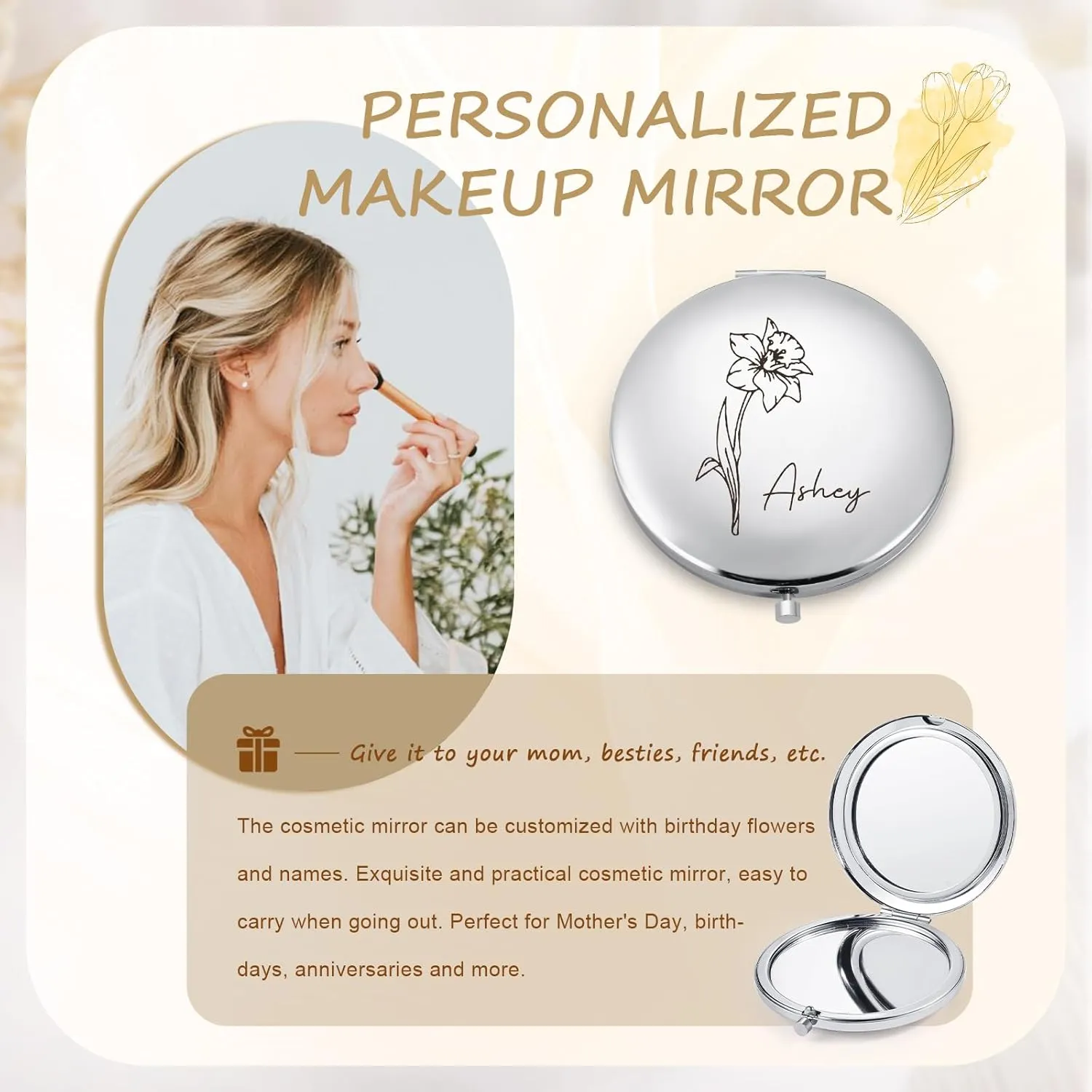 Personalized Compact Mirror for Women - Pocket Mirror for Women,Custom Birthflower Travel Makeup Mirror for Wife, Mom, Bridesmaid Gifts for Daughter Friend (Silver)