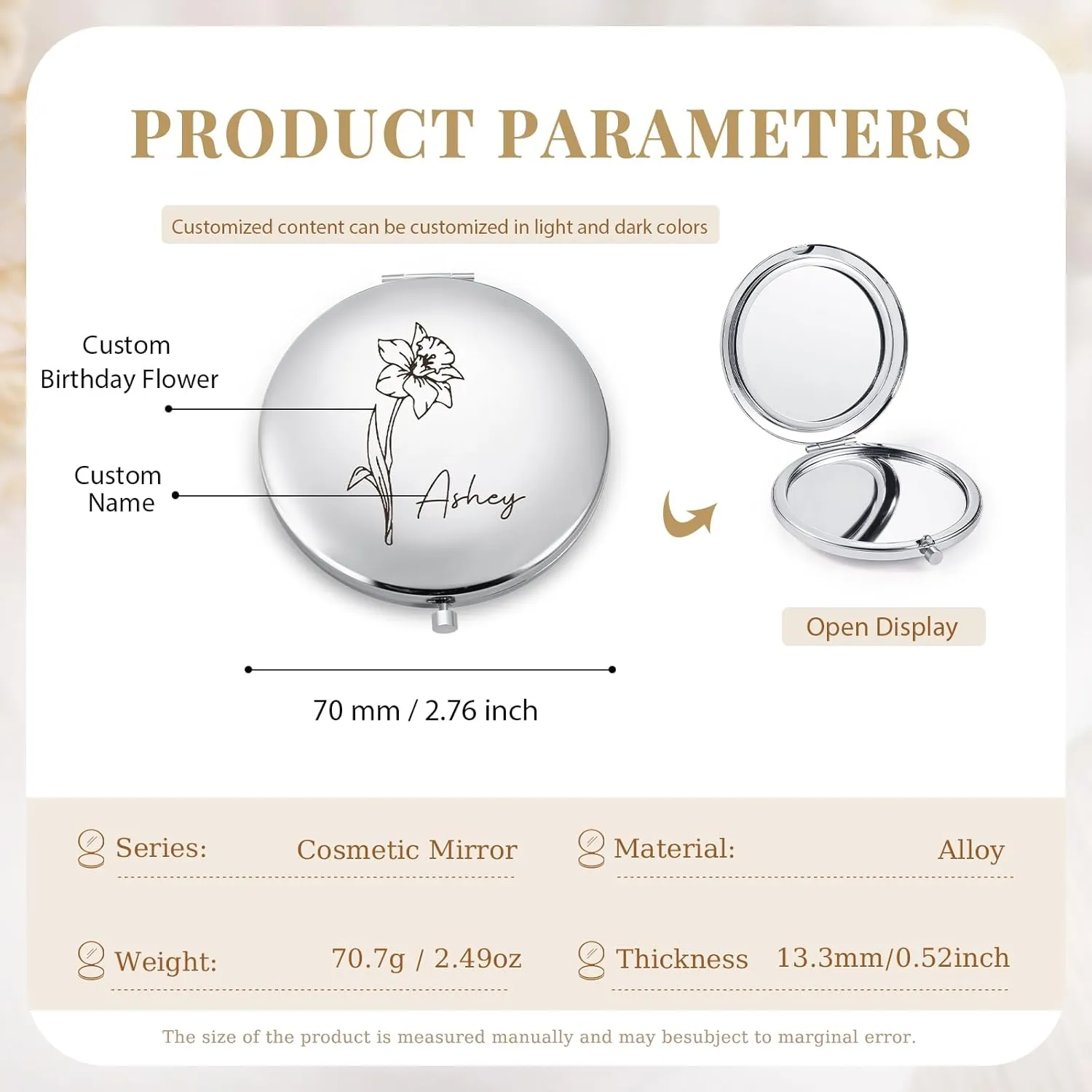 Personalized Compact Mirror for Women - Pocket Mirror for Women,Custom Birthflower Travel Makeup Mirror for Wife, Mom, Bridesmaid Gifts for Daughter Friend (Silver)