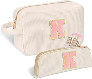 Personalized Initial Cute Makeup Bag Trendy Stuff Beige Cosmetic Bag Travel Toiletry Bag, Mother's Day/Birthday/Graduation Gifts for Women, Mom, Girlfriend, Wife Makeup Organizer Case for Girls - K