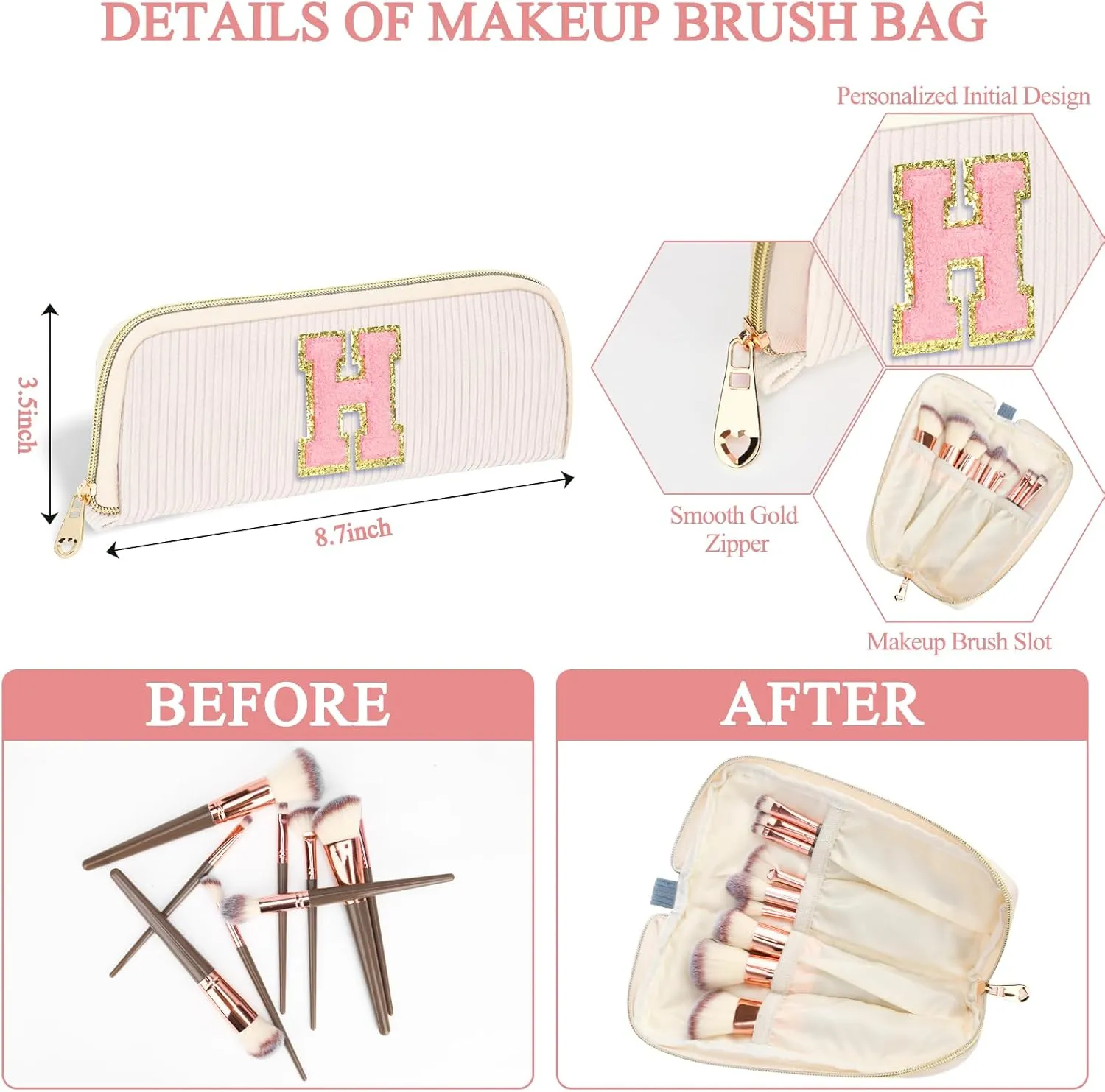 Personalized Initial Cute Makeup Bag Trendy Stuff Beige Cosmetic Bag Travel Toiletry Bag, Mother's Day/Birthday/Graduation Gifts for Women, Mom, Girlfriend, Wife Makeup Organizer Case for Girls - K