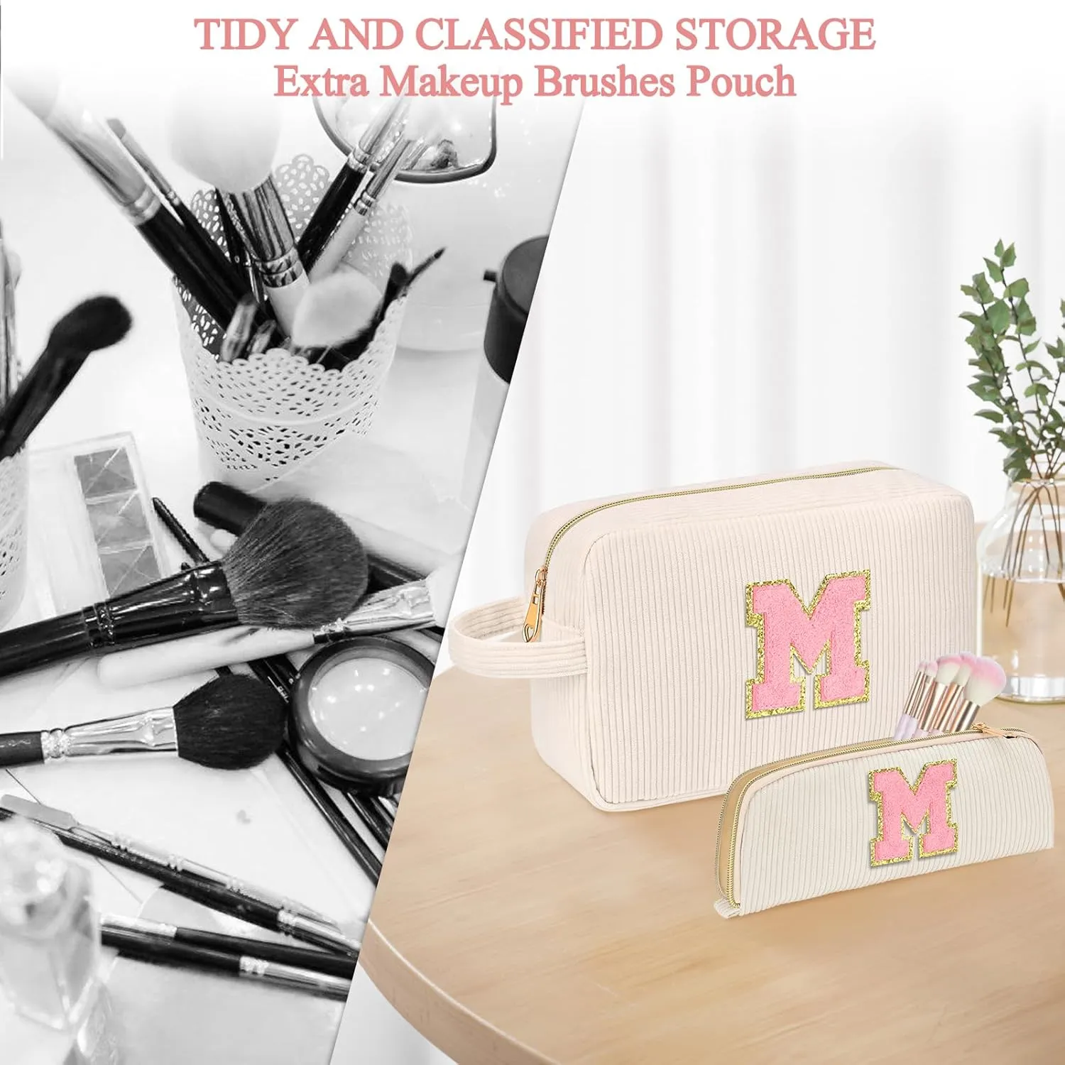 Personalized Initial Cute Makeup Bag Trendy Stuff Beige Cosmetic Bag Travel Toiletry Bag, Mother's Day/Birthday/Graduation Gifts for Women, Mom, Girlfriend, Wife Makeup Organizer Case for Girls - K