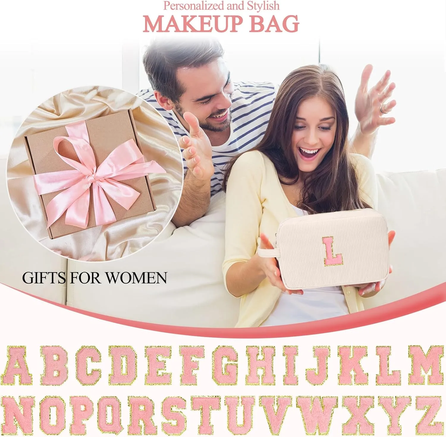 Personalized Initial Cute Makeup Bag Trendy Stuff Beige Cosmetic Bag Travel Toiletry Bag, Mother's Day/Birthday/Graduation Gifts for Women, Mom, Girlfriend, Wife Makeup Organizer Case for Girls - K