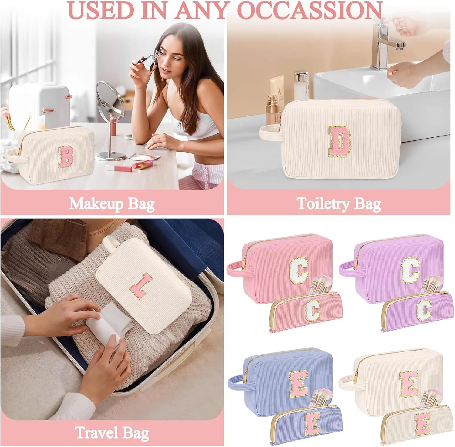 Personalized Initial Cute Makeup Bag Trendy Stuff Beige Cosmetic Bag Travel Toiletry Bag, Mother's Day/Birthday/Graduation Gifts for Women, Mom, Girlfriend, Wife Makeup Organizer Case for Girls - K