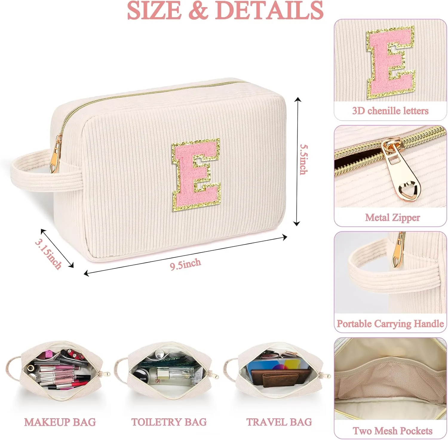 Personalized Initial Cute Makeup Bag Trendy Stuff Beige Cosmetic Bag Travel Toiletry Bag, Mother's Day/Birthday/Graduation Gifts for Women, Mom, Girlfriend, Wife Makeup Organizer Case for Girls - K
