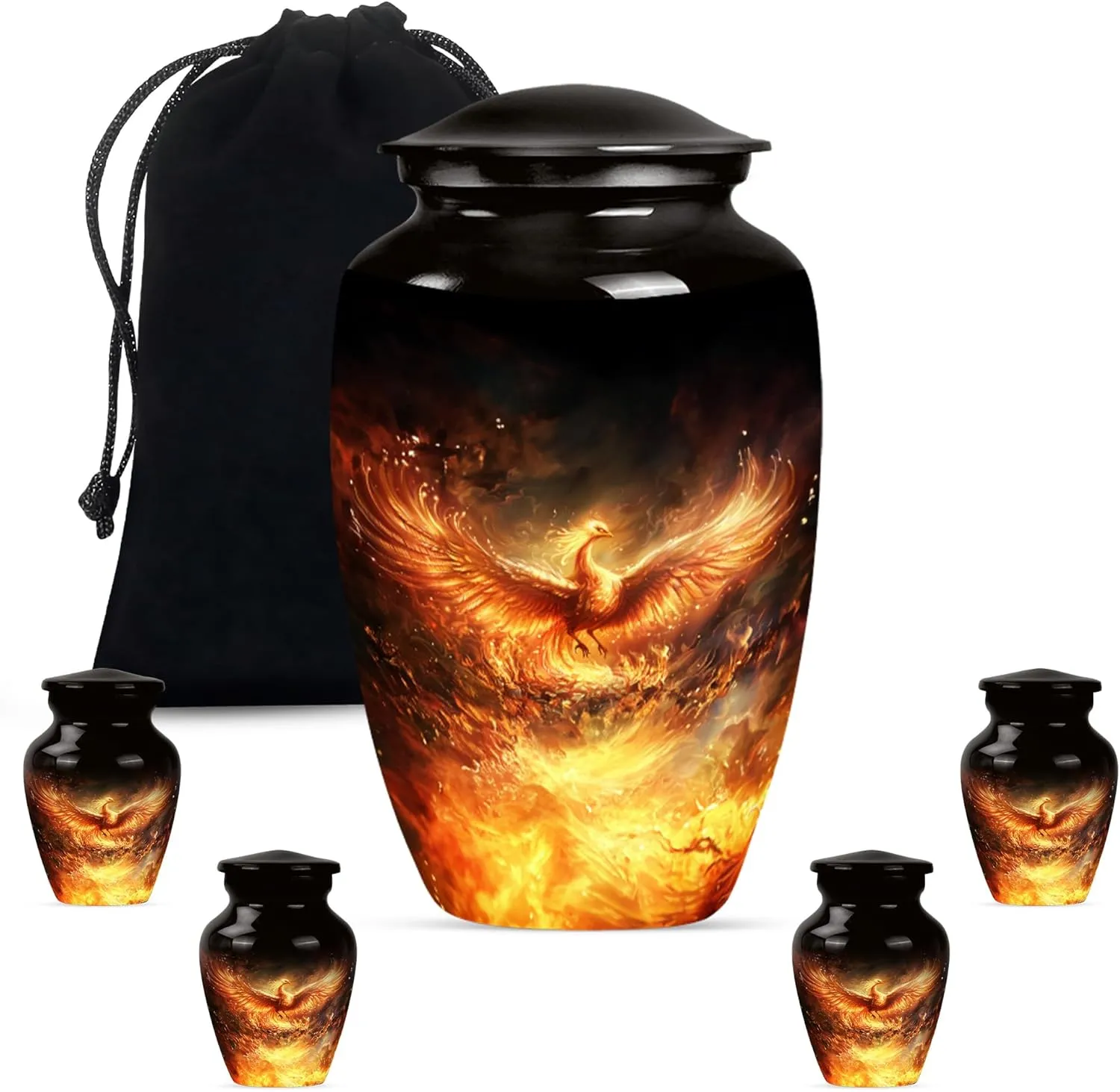 Phoenix Bird Urns, Cremation Urns Small, Small Urns for Ashes, Urns for Human Ashes Adult Men, Large Urns for Mom & Dad, Combo of 1 Large Urn with Velvet Bag and 4 Small Keepsake