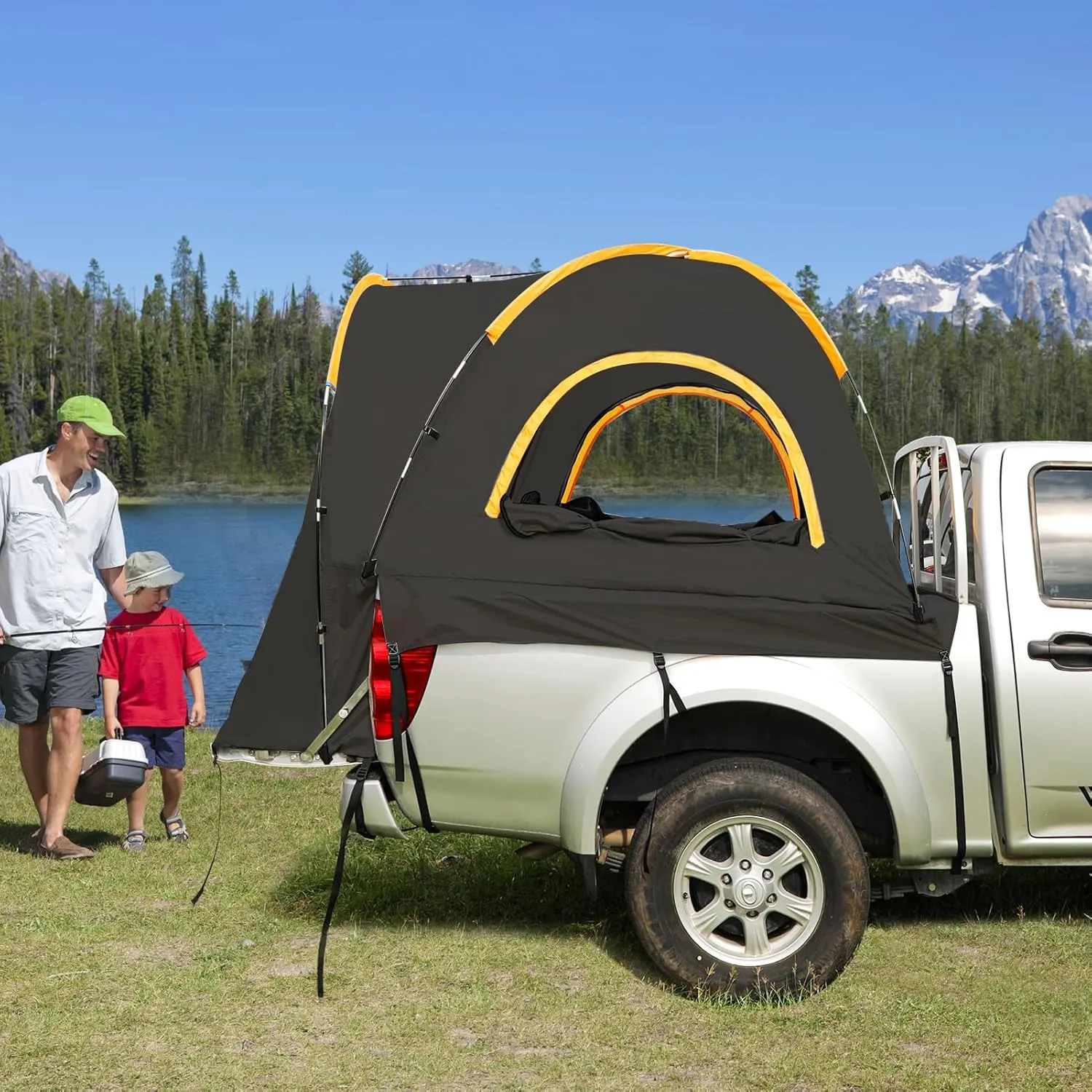 Pickup Truck Tent, Portable Truck Bed Tent for Camping, Waterproof PU2000mm Double Layer for 2 Person, Compact and Full Size Regular Bed Long Bed （Black）