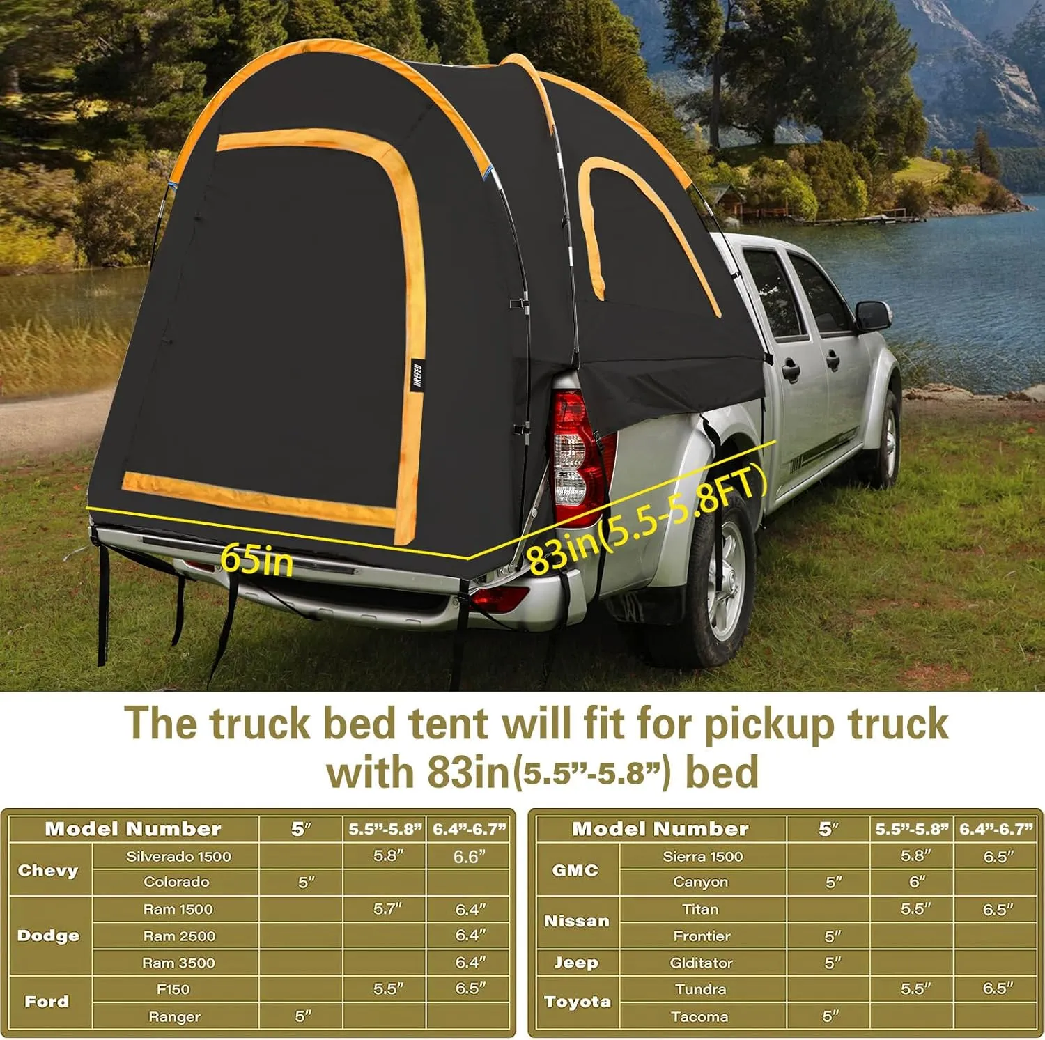 Pickup Truck Tent, Portable Truck Bed Tent for Camping, Waterproof PU2000mm Double Layer for 2 Person, Compact and Full Size Regular Bed Long Bed （Black）