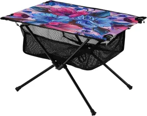 Pink Blue Floral Portable Folding Camping Table, Compact Lightweight Beach Table with Carrying Bag for Outdoor Picnics, BBQs, Camp