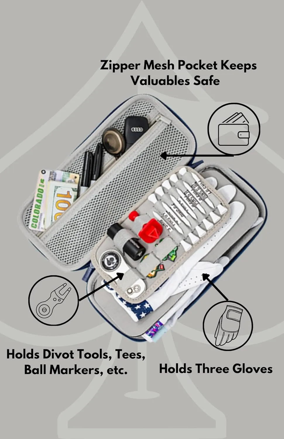 Pins & Aces Glove and Accessory Caddie - Your All-In-One Solution For Organizing And Carrying Essential Golf Accessories On The Course (Gray)